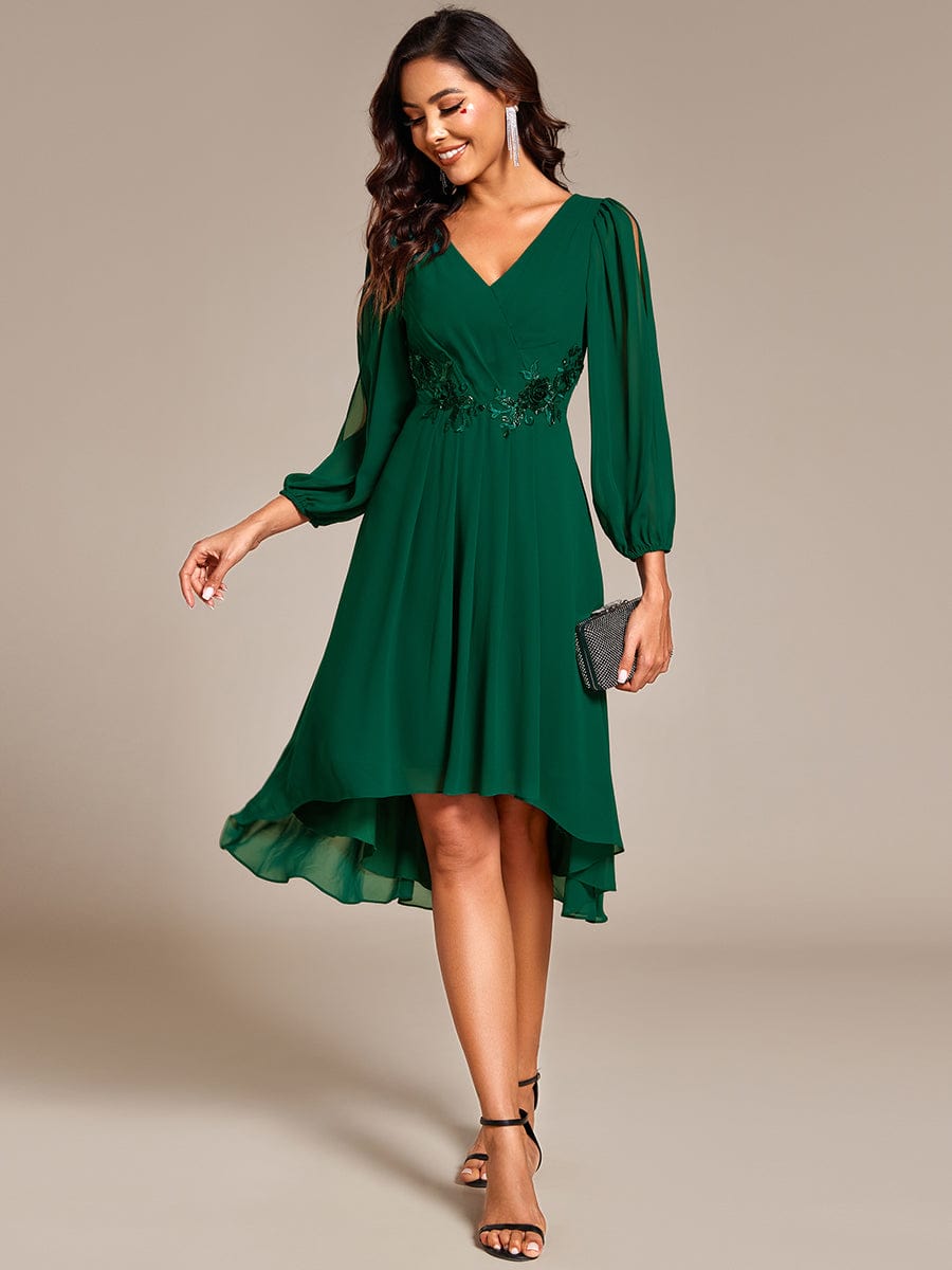 High-Low Chiffon Midi Wedding Guest Dress with Waist Applique and Long Sleeves #color_Dark Green