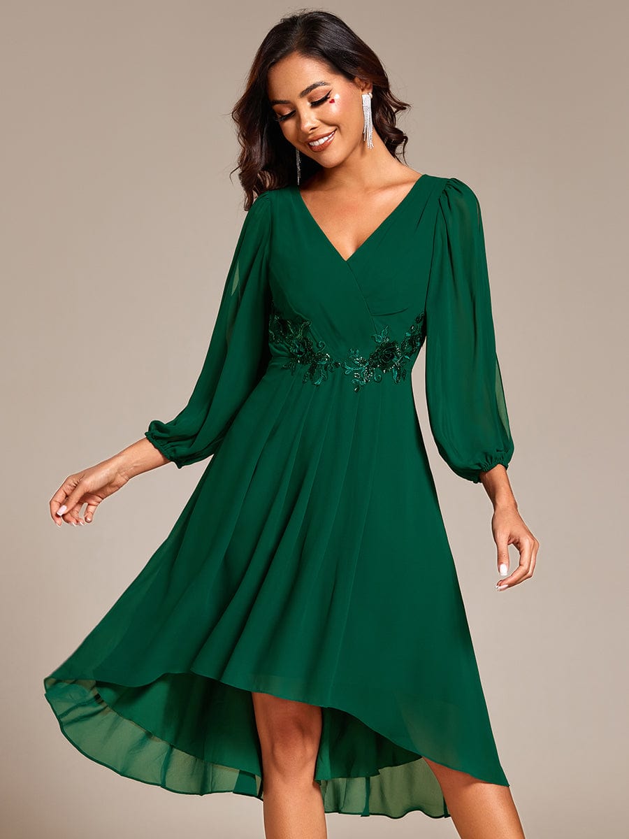 High-Low Chiffon Midi Wedding Guest Dress with Waist Applique and Long Sleeves #color_Dark Green