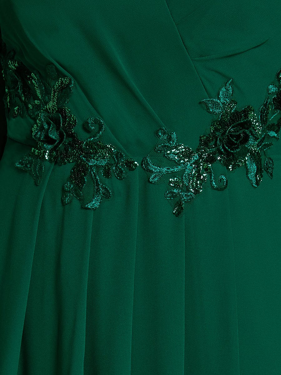 High-Low Chiffon Midi Wedding Guest Dress with Waist Applique and Long Sleeves #color_Dark Green