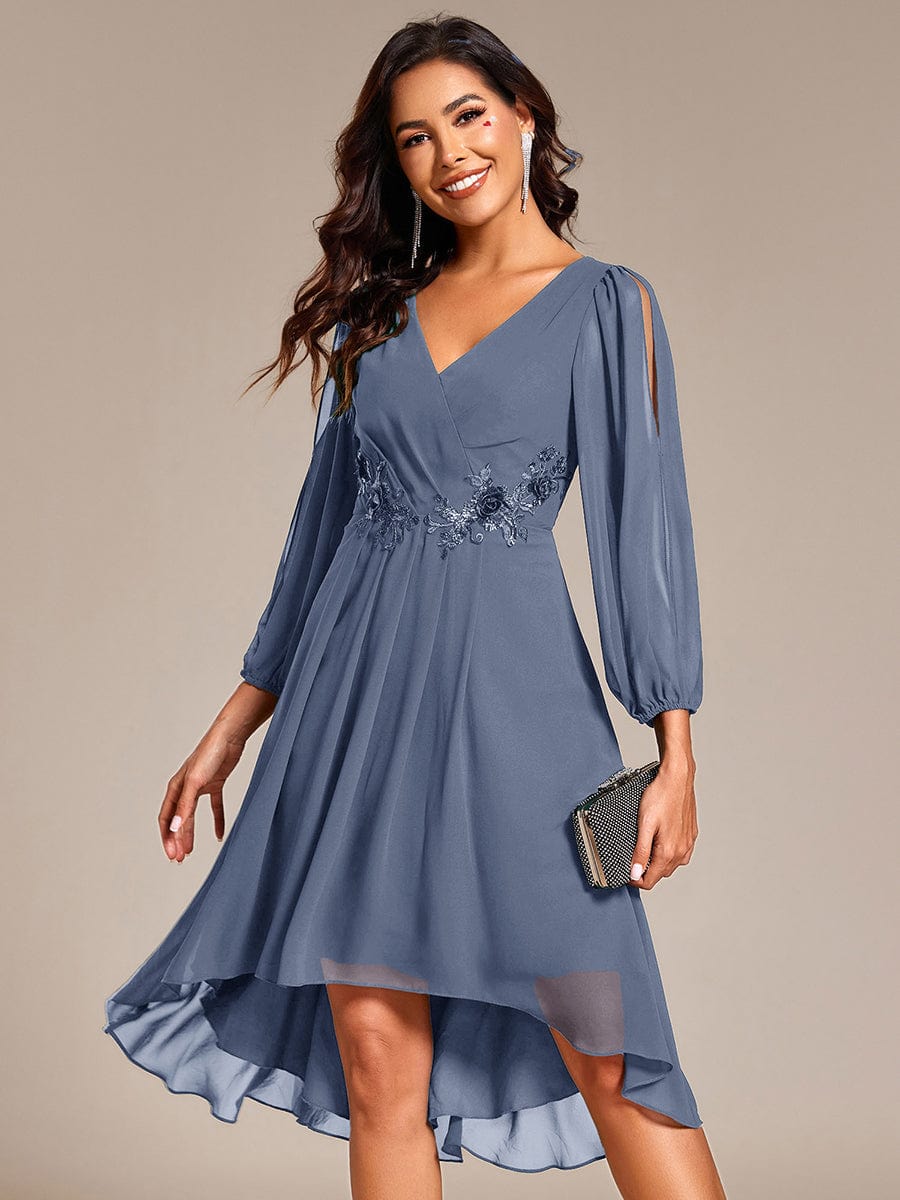 High-Low Chiffon Midi Wedding Guest Dress with Waist Applique and Long Sleeves #color_Dusty Blue