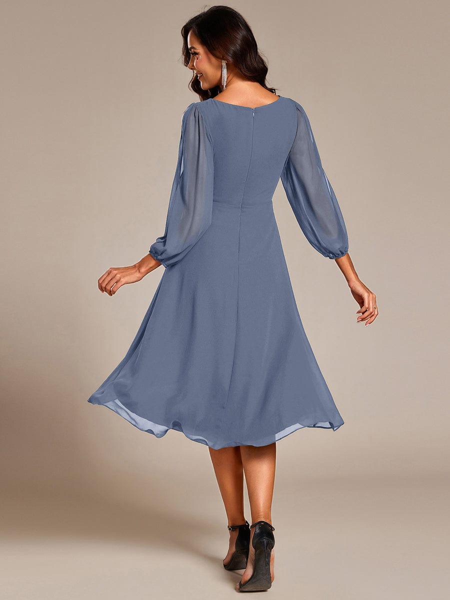 High-Low Chiffon Midi Wedding Guest Dress with Waist Applique and Long Sleeves #color_Dusty Blue