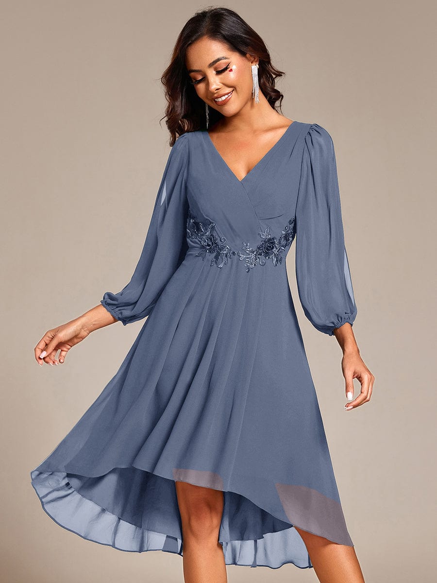 High-Low Chiffon Midi Wedding Guest Dress with Waist Applique and Long Sleeves #color_Dusty Blue