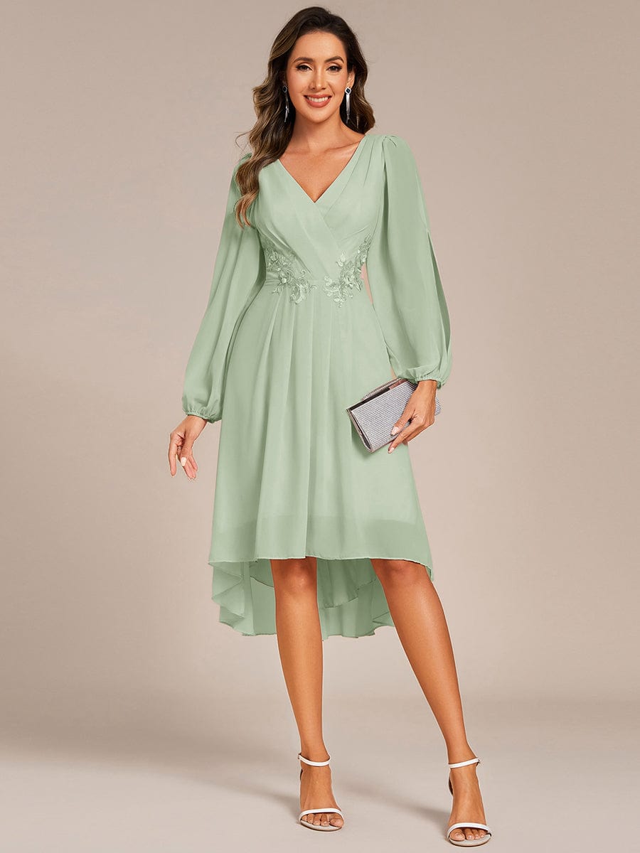 High-Low Chiffon Midi Wedding Guest Dress with Waist Applique and Long Sleeves #color_Mint Green