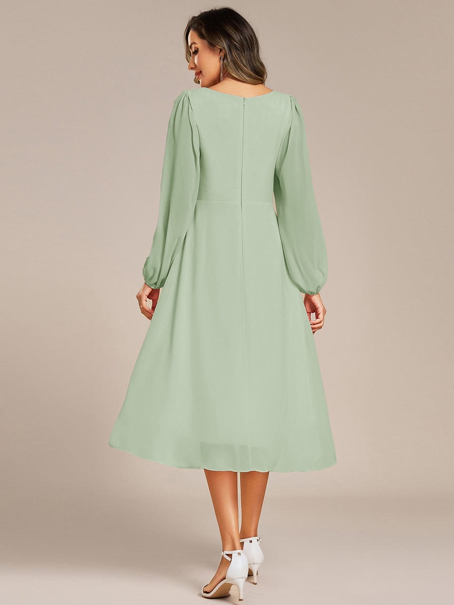 High-Low Chiffon Midi Wedding Guest Dress with Waist Applique and Long Sleeves #color_Mint Green