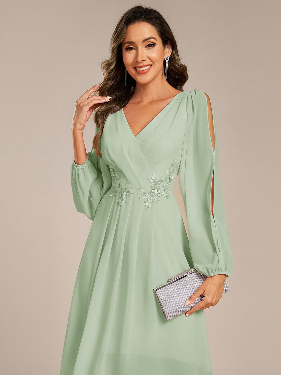 High-Low Chiffon Midi Wedding Guest Dress with Waist Applique and Long Sleeves #color_Mint Green