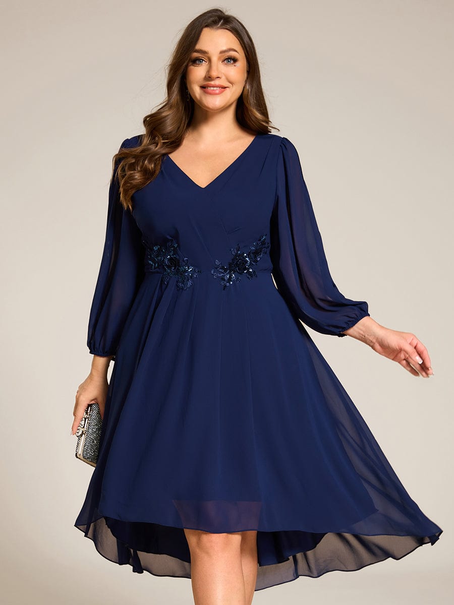 High-Low Chiffon Midi Wedding Guest Dress with Waist Applique and Long Sleeves #color_Navy Blue