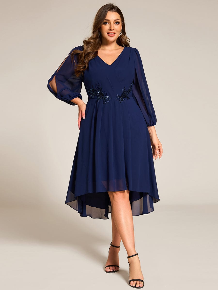 High-Low Chiffon Midi Wedding Guest Dress with Waist Applique and Long Sleeves #color_Navy Blue