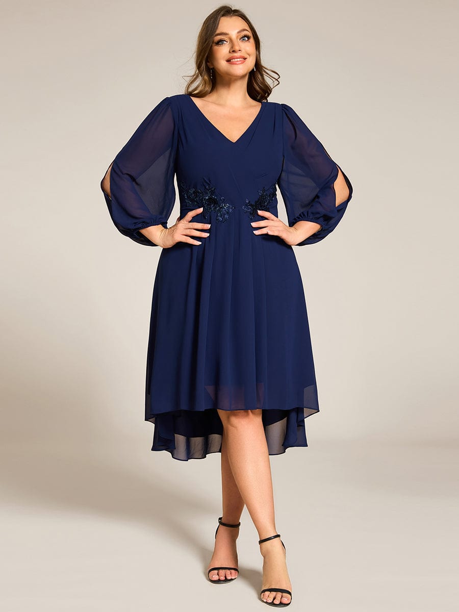 High-Low Chiffon Midi Wedding Guest Dress with Waist Applique and Long Sleeves #color_Navy Blue