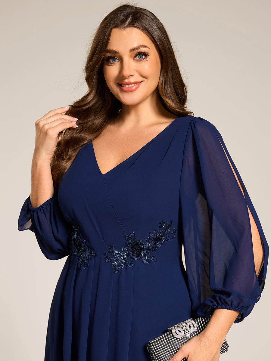 High-Low Chiffon Midi Wedding Guest Dress with Waist Applique and Long Sleeves #color_Navy Blue