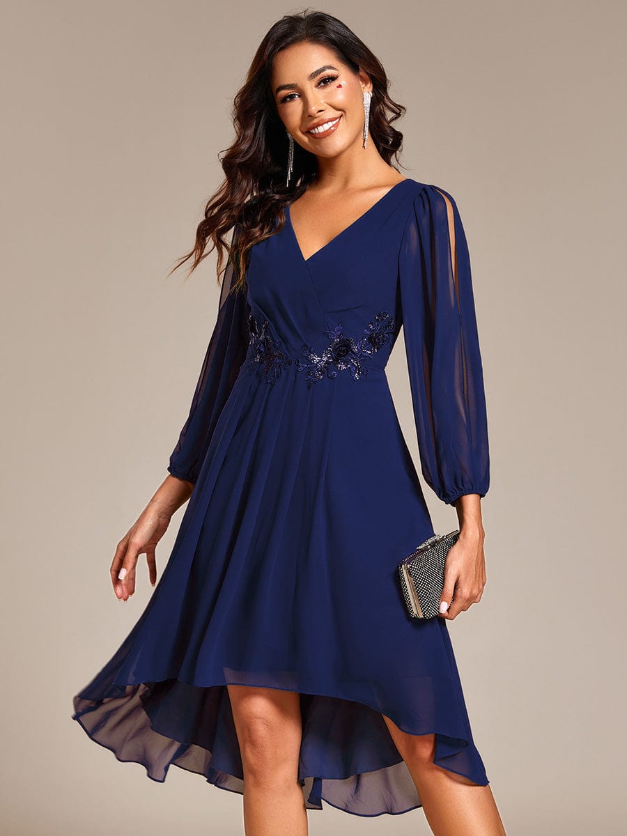 High-Low Chiffon Midi Wedding Guest Dress with Waist Applique and Long Sleeves #color_Navy Blue