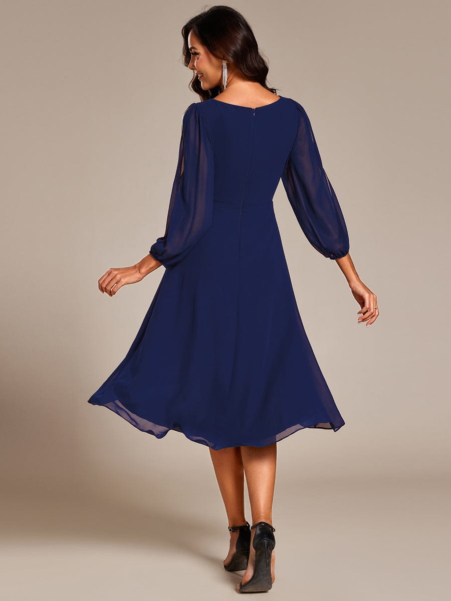 High-Low Chiffon Midi Wedding Guest Dress with Waist Applique and Long Sleeves #color_Navy Blue