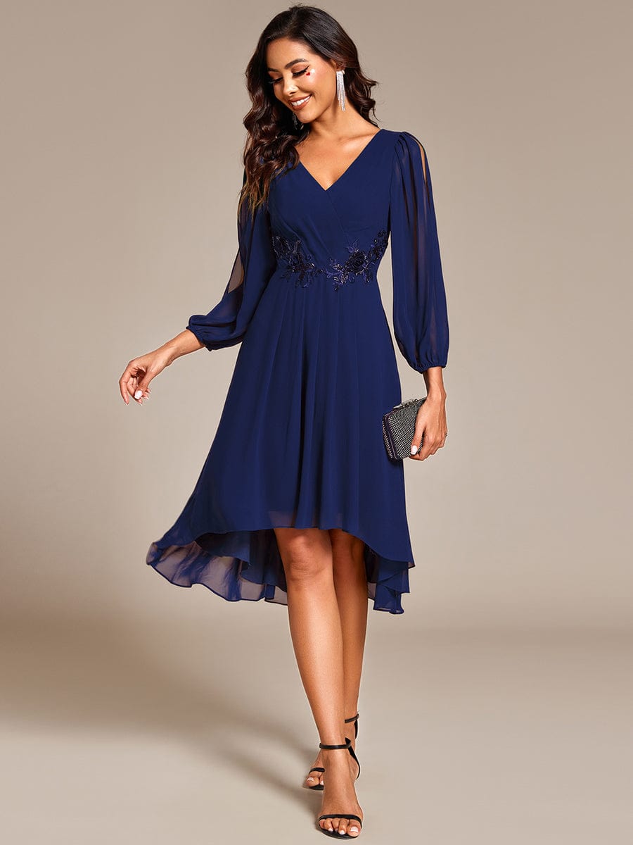 High Low Chiffon Midi Wedding Guest Dress with Waist Applique and Long Sleeves