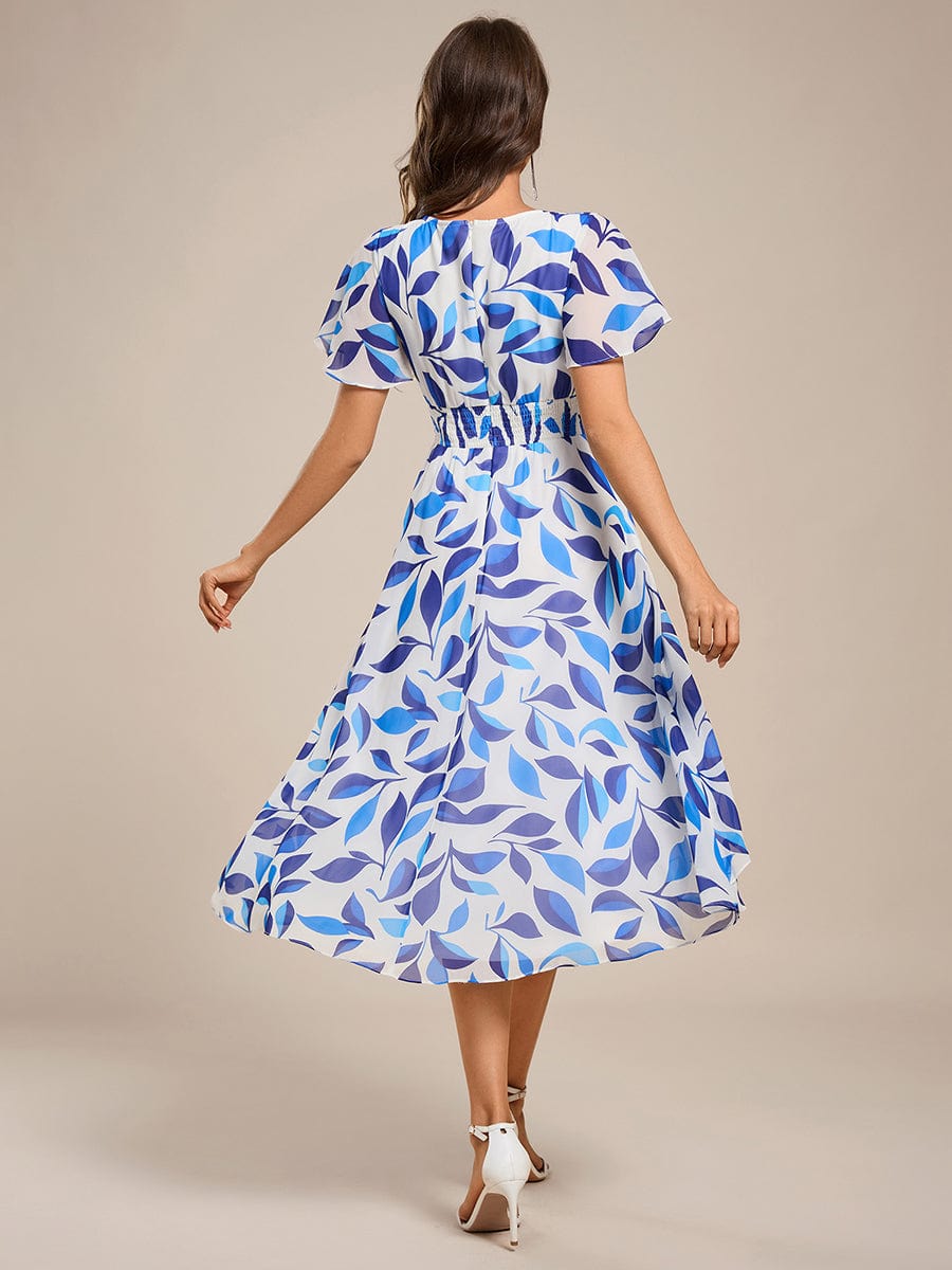 Short Sleeve Ruffled Floral Midi Wedding Guest Dress #color_Blue Floral