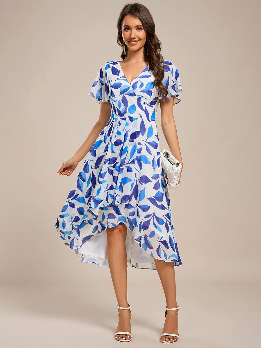 Short Sleeve Ruffled Floral Midi Wedding Guest Dress #color_Blue Floral