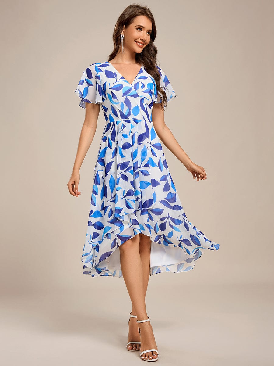 Short Sleeve Ruffled Floral Midi Wedding Guest Dress #color_Blue Floral