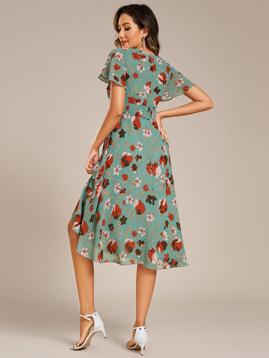 Short Sleeve Ruffled Floral Midi Wedding Guest Dress #color_Green Floral