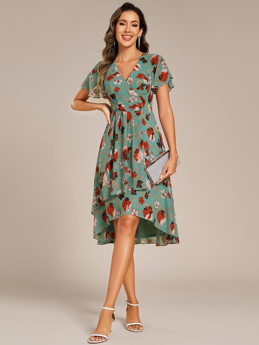 Short Sleeve Ruffled Floral Midi Wedding Guest Dress #color_Green Floral