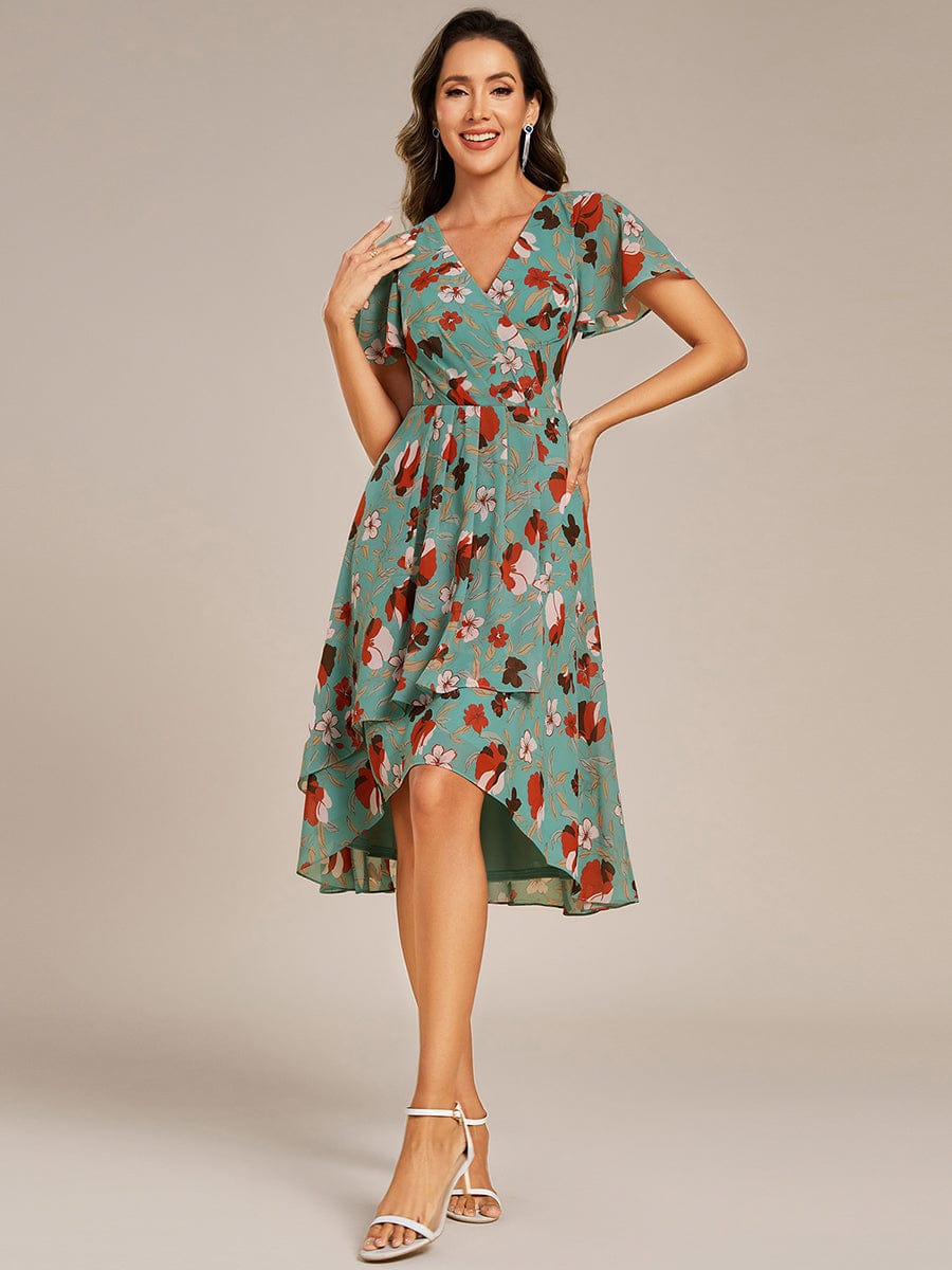 Short Sleeve Ruffled Floral Midi Wedding Guest Dress #color_Green Floral