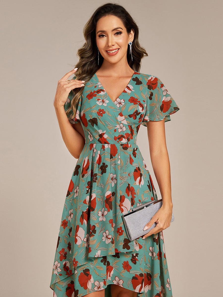 Short Sleeve Ruffled Floral Midi Wedding Guest Dress #color_Green Floral