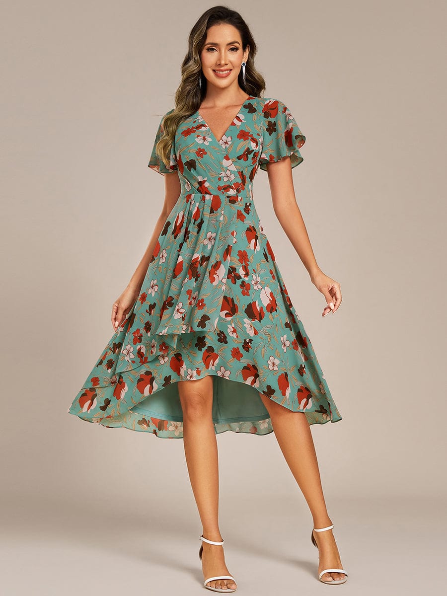 Short Sleeve Ruffled Floral Midi Wedding Guest Dress #color_Green Floral