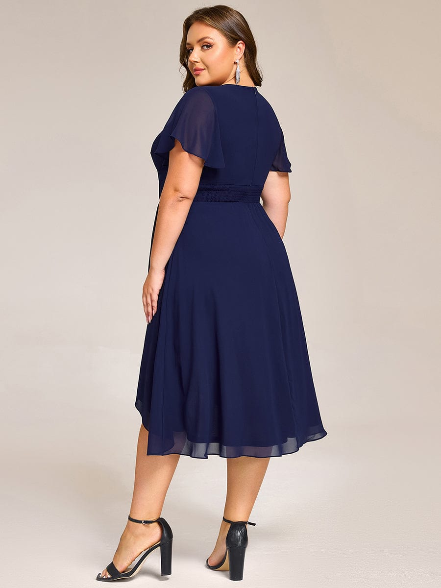 Short Sleeve Ruffled Floral Midi Wedding Guest Dress #color_Navy Blue