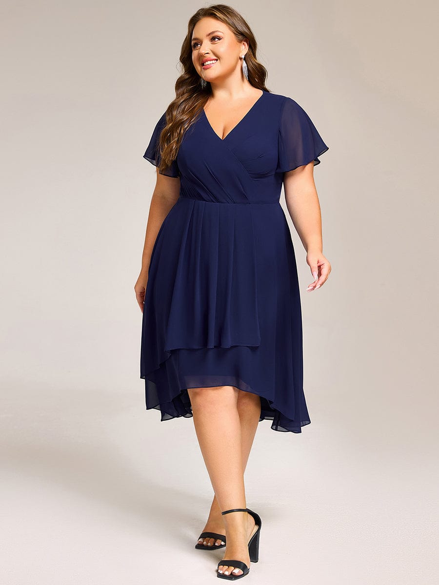 Short Sleeve Ruffled Floral Midi Wedding Guest Dress #color_Navy Blue