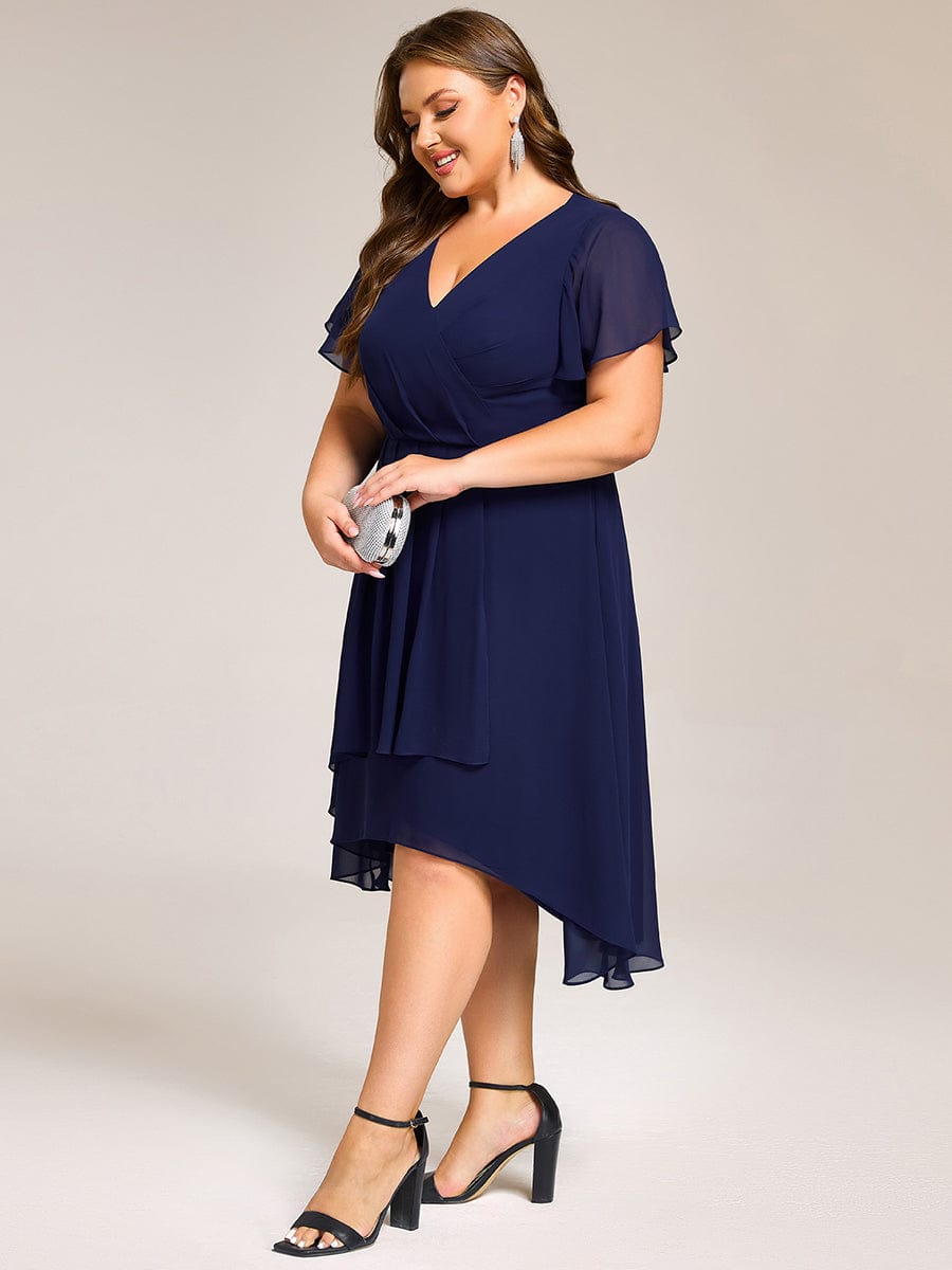 Short Sleeve Ruffled Floral Midi Wedding Guest Dress #color_Navy Blue