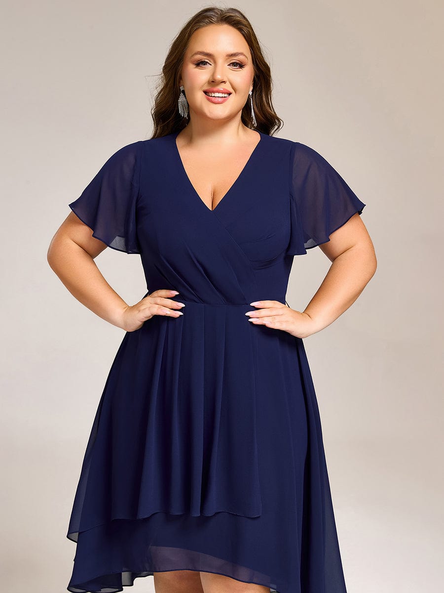 Short Sleeve Ruffled Floral Midi Wedding Guest Dress #color_Navy Blue