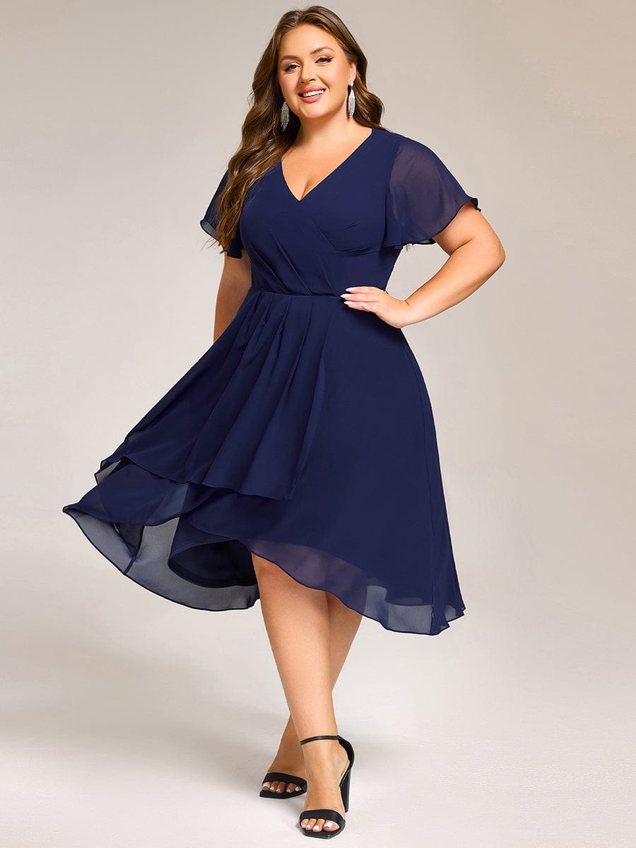 Short Sleeve Ruffled Floral Midi Wedding Guest Dress #color_Navy Blue