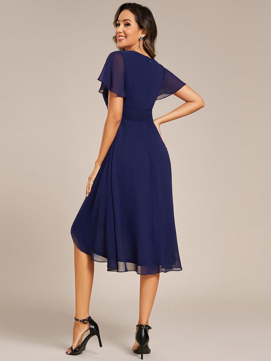 Short Sleeve Ruffled Floral Midi Wedding Guest Dress #color_Navy Blue