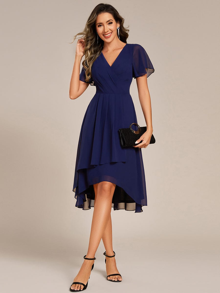 Short Sleeve Ruffled Floral Midi Wedding Guest Dress #color_Navy Blue