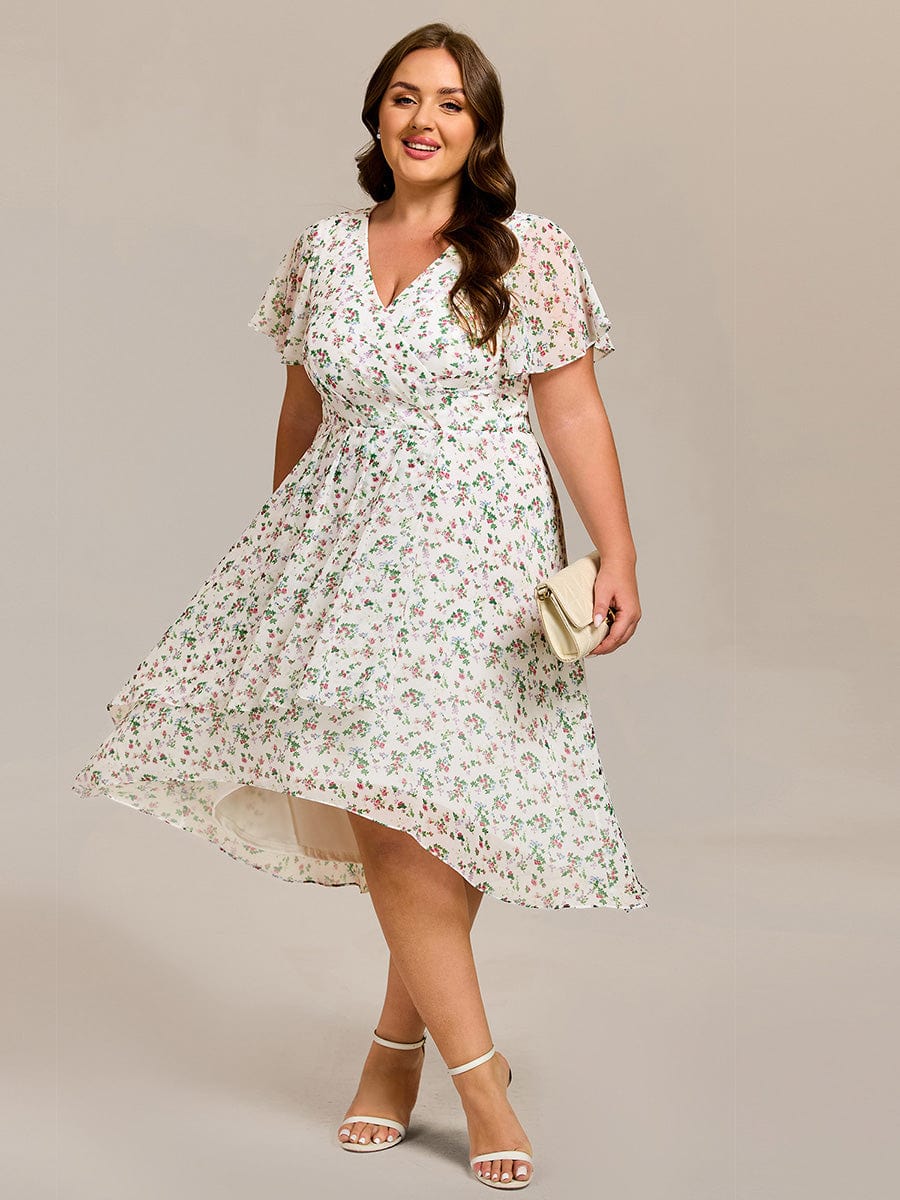 Short Sleeve Ruffled Floral Midi Wedding Guest Dress #color_White Floral