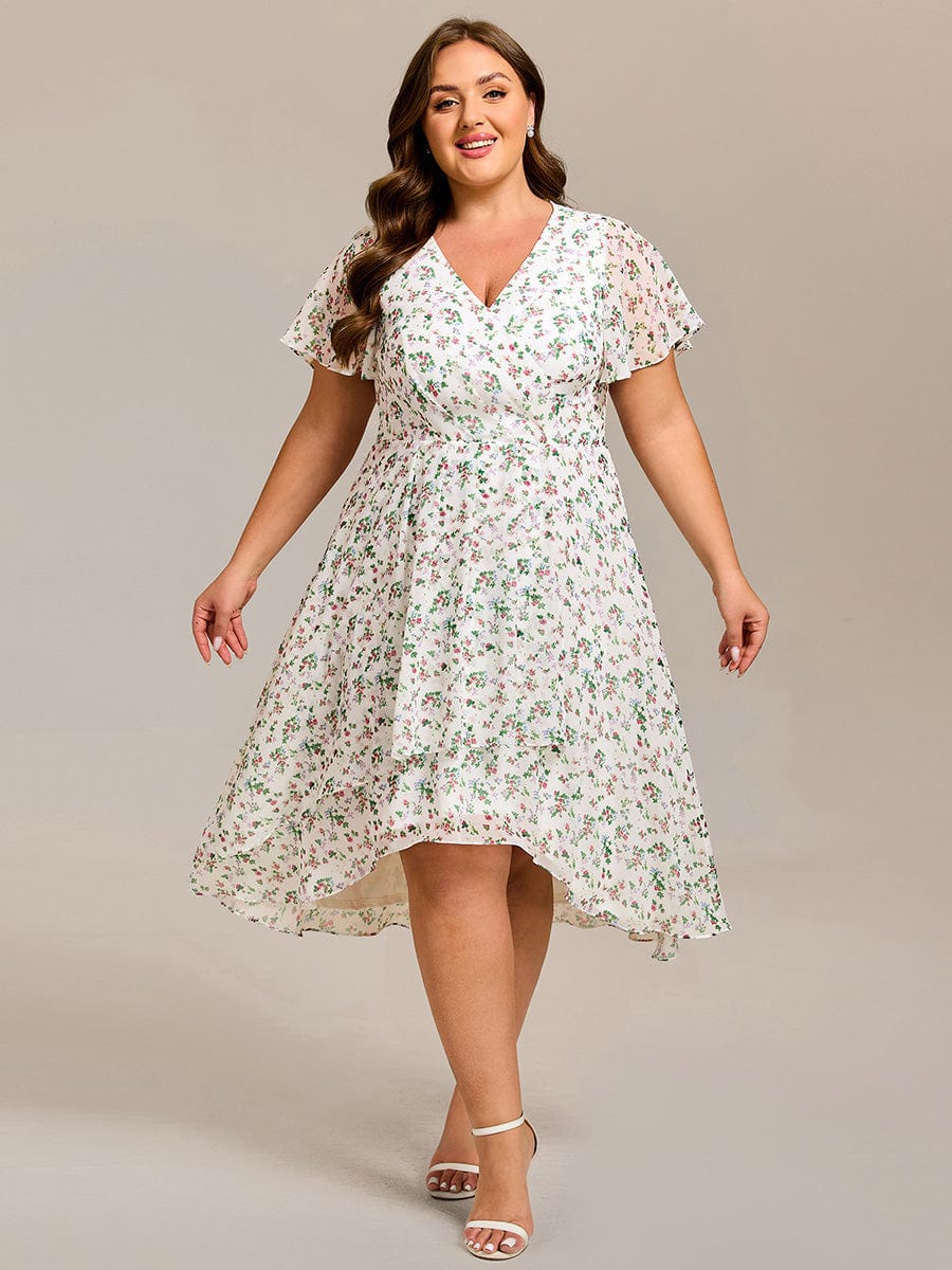 Short Sleeve Ruffled Floral Midi Wedding Guest Dress #color_White Floral