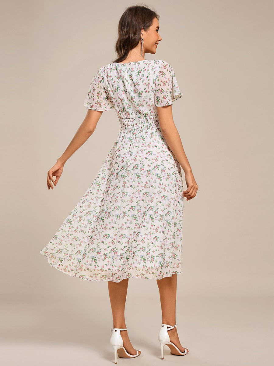 Short Sleeve Ruffled Floral Midi Wedding Guest Dress #color_White Floral