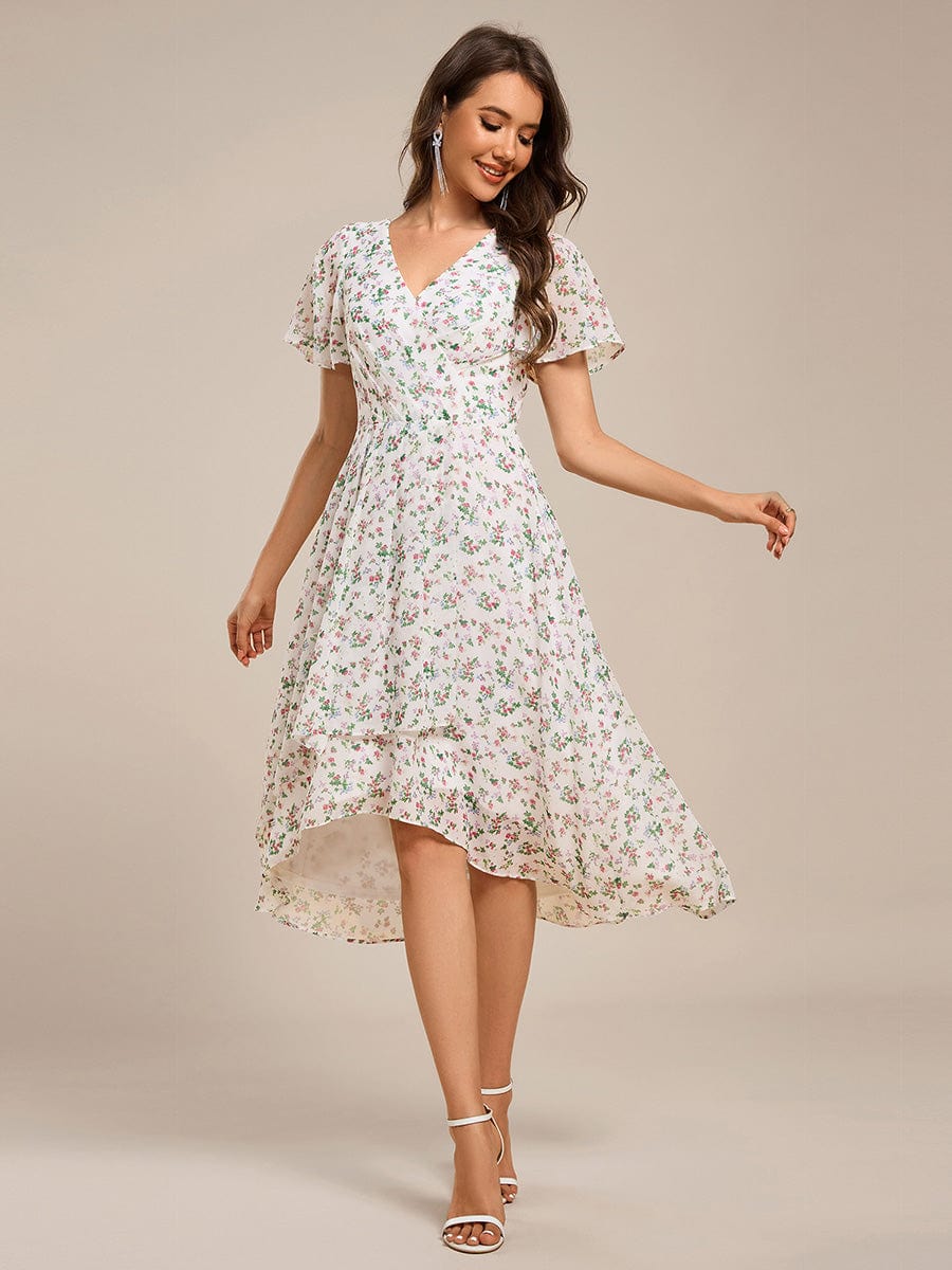 Short Sleeve Ruffled Floral Midi Wedding Guest Dress #color_White Floral