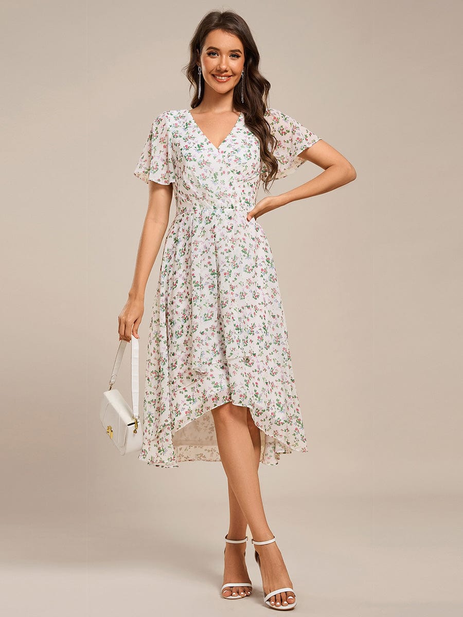 Short Sleeve Ruffled Floral Midi Wedding Guest Dress #color_White Floral