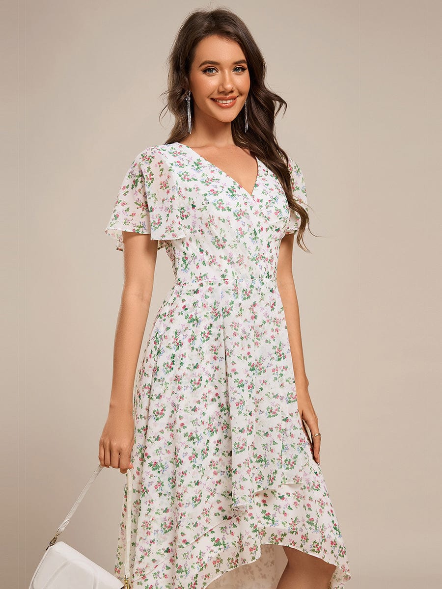 Short Sleeve Ruffled Floral Midi Wedding Guest Dress #color_White Floral