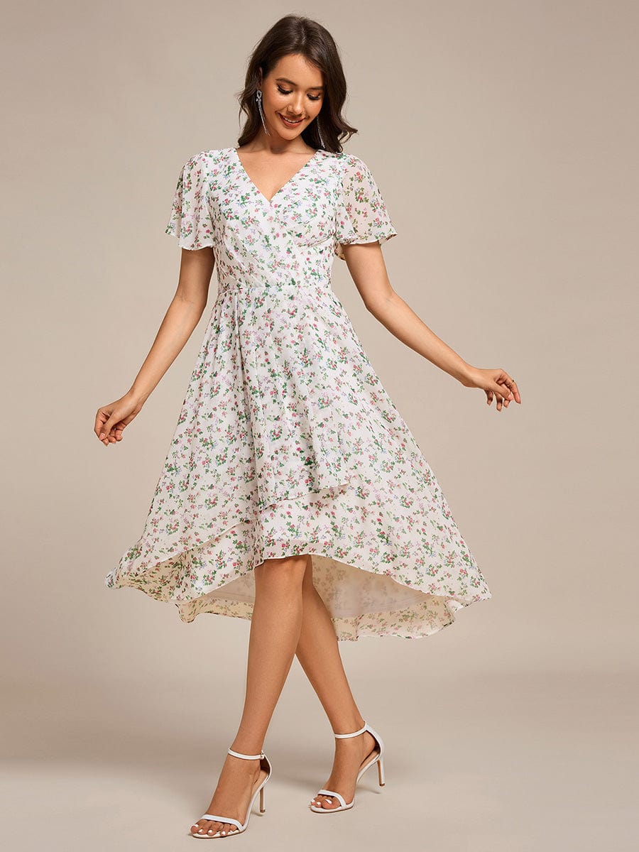 Short Sleeve Ruffled Floral Midi Wedding Guest Dress #color_White Floral