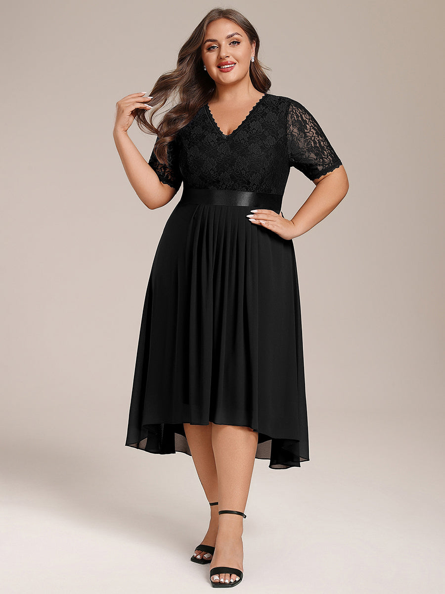 Half Sleeve V Neck Midi Wedding Guest Dress With Lace #color_Black