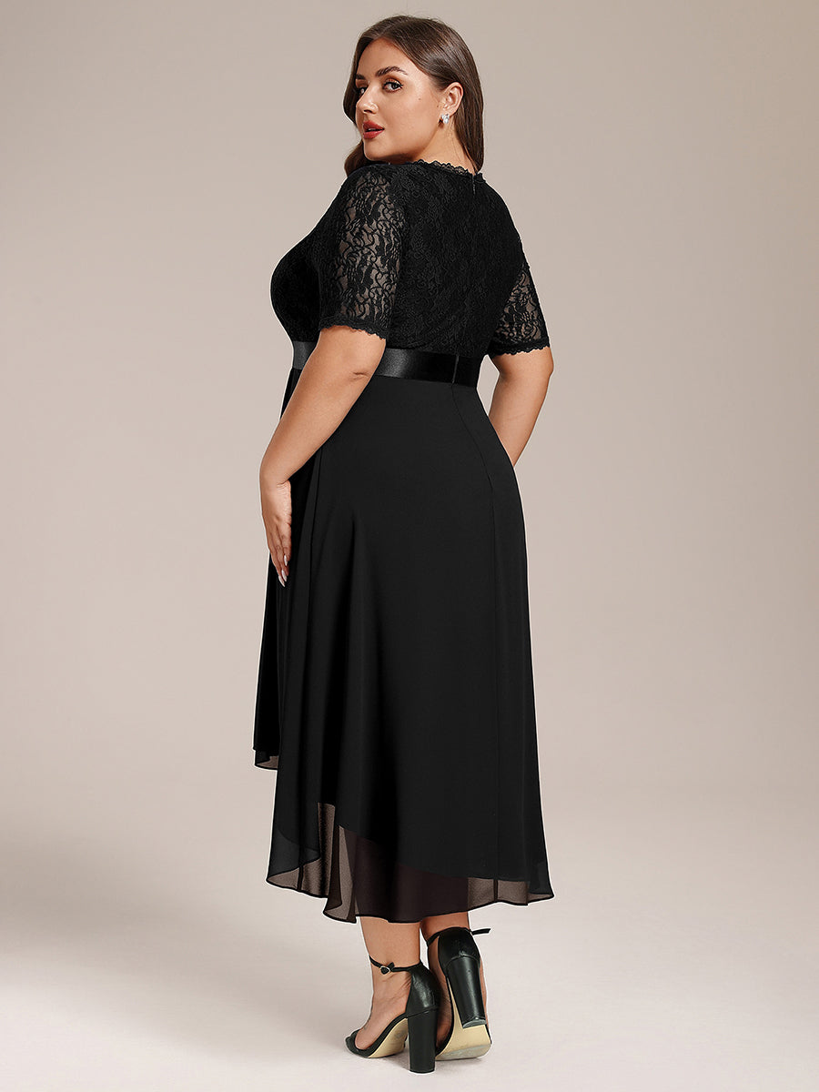 Half Sleeve V Neck Midi Wedding Guest Dress With Lace #color_Black