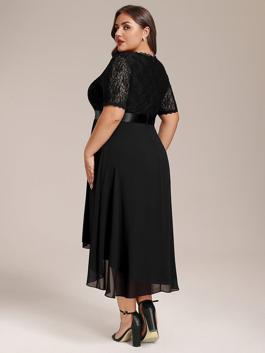 Plus Size Half Sleeve V Neck Midi Wedding Guest Dress With Lace #color_Black