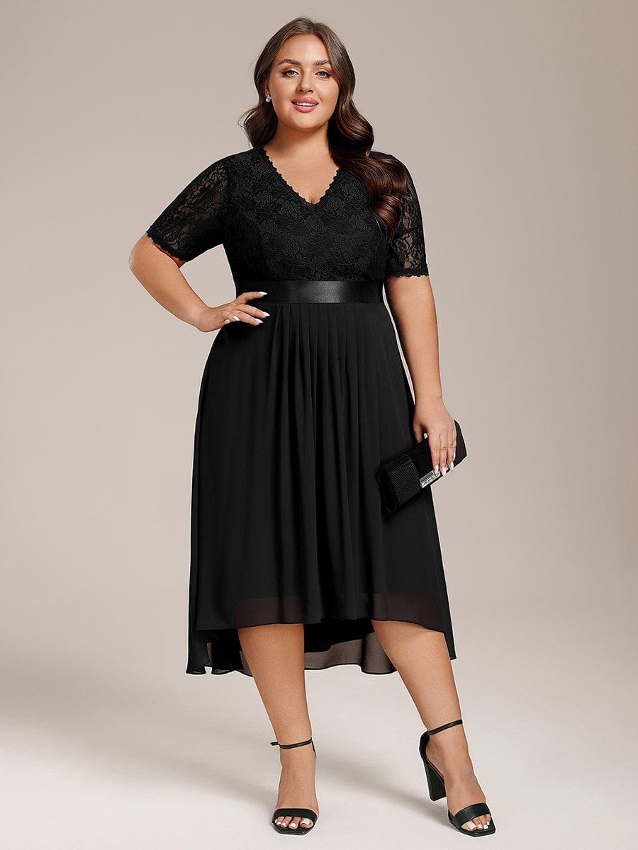 Plus Size Half Sleeve V Neck Midi Wedding Guest Dress With Lace #color_Black