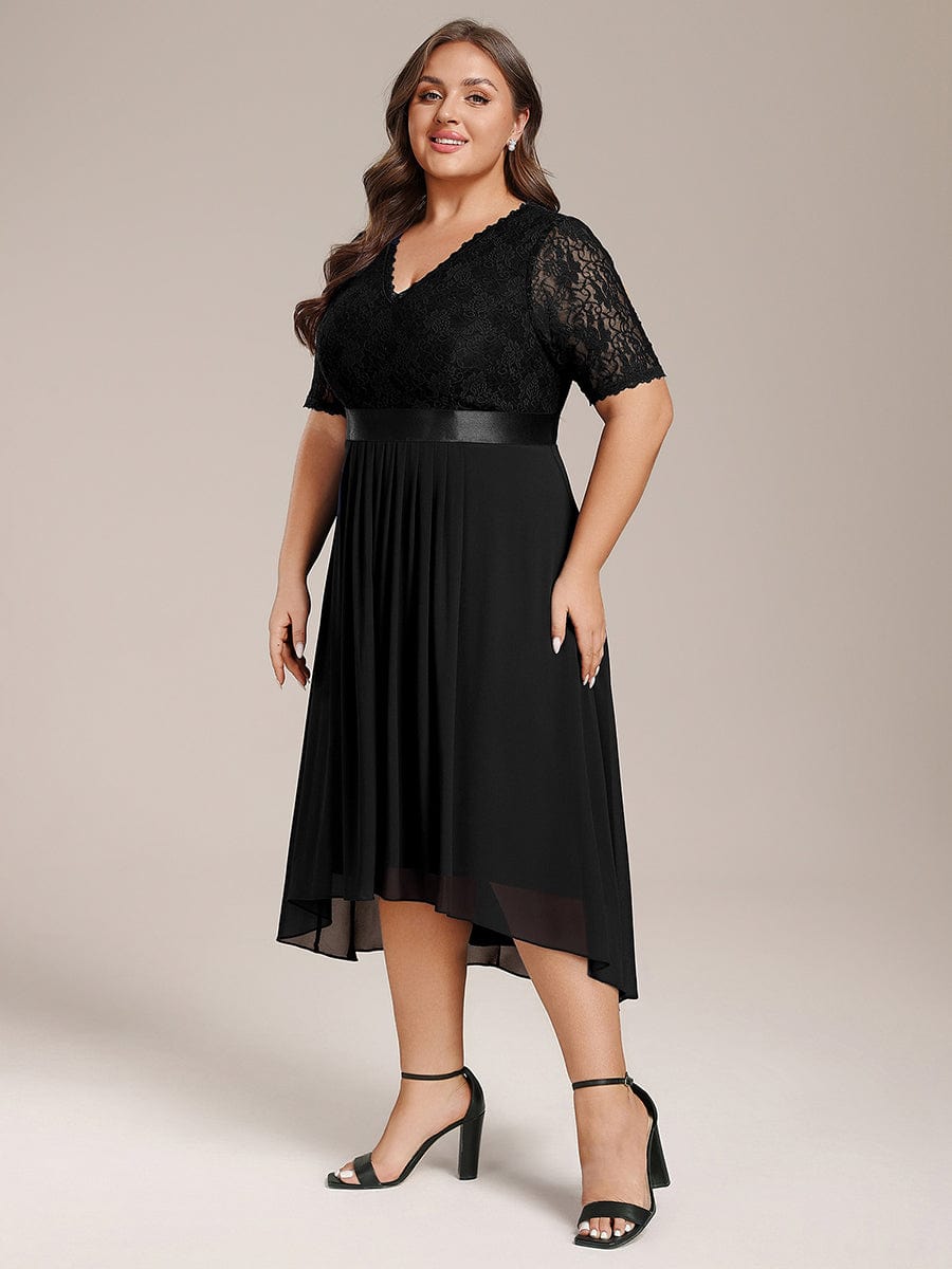 Plus Size Half Sleeve V Neck Midi Wedding Guest Dress With Lace #color_Black