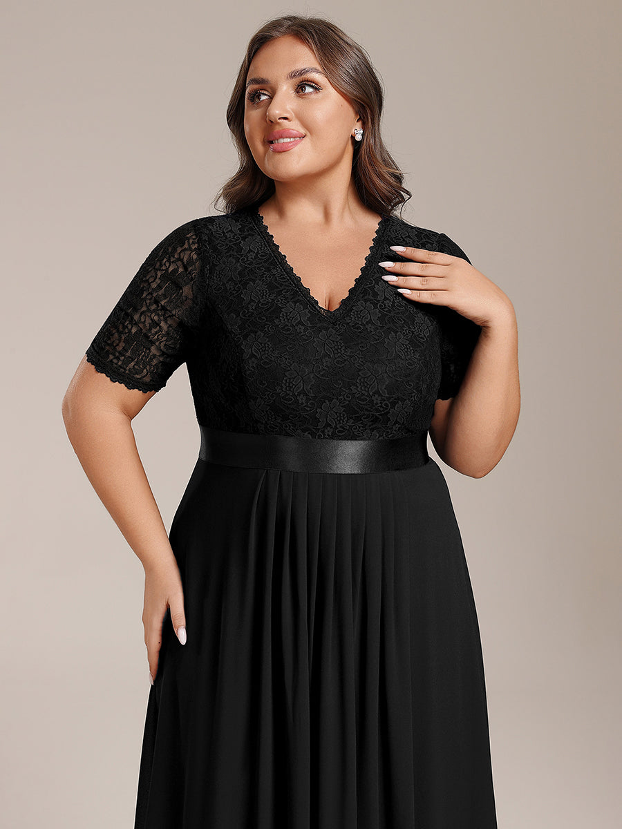 Half Sleeve V Neck Midi Wedding Guest Dress With Lace #color_Black