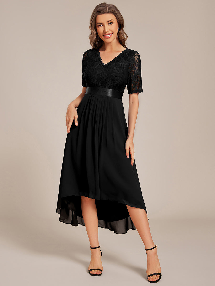 Half Sleeve V Neck Midi Wedding Guest Dress With Lace #color_Black