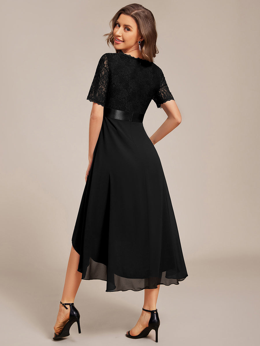 Half Sleeve V Neck Midi Wedding Guest Dress With Lace #color_Black