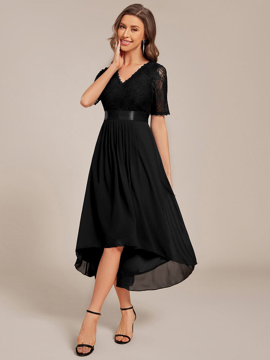 Half Sleeve V Neck Midi Wedding Guest Dress With Lace #color_Black