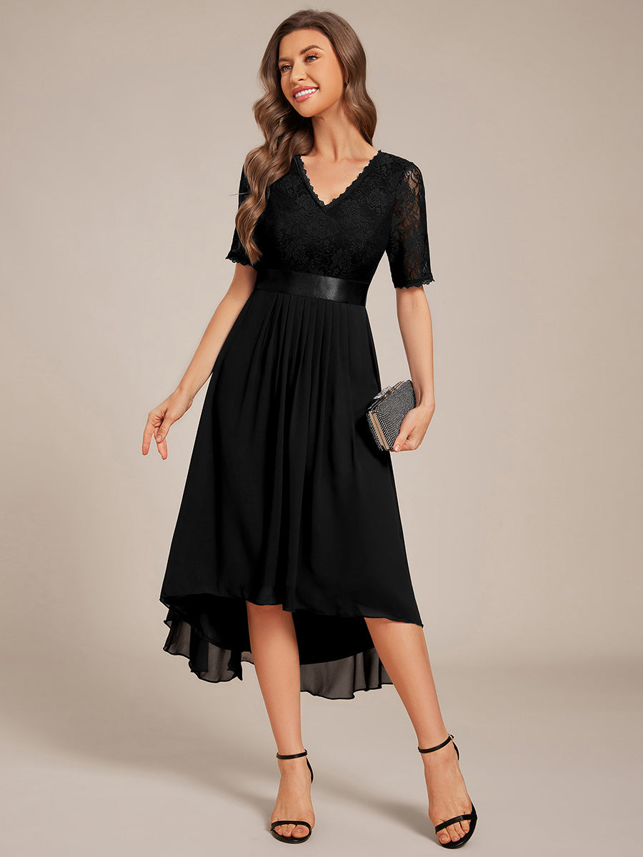 Half Sleeve V Neck Midi Wedding Guest Dress With Lace #color_Black