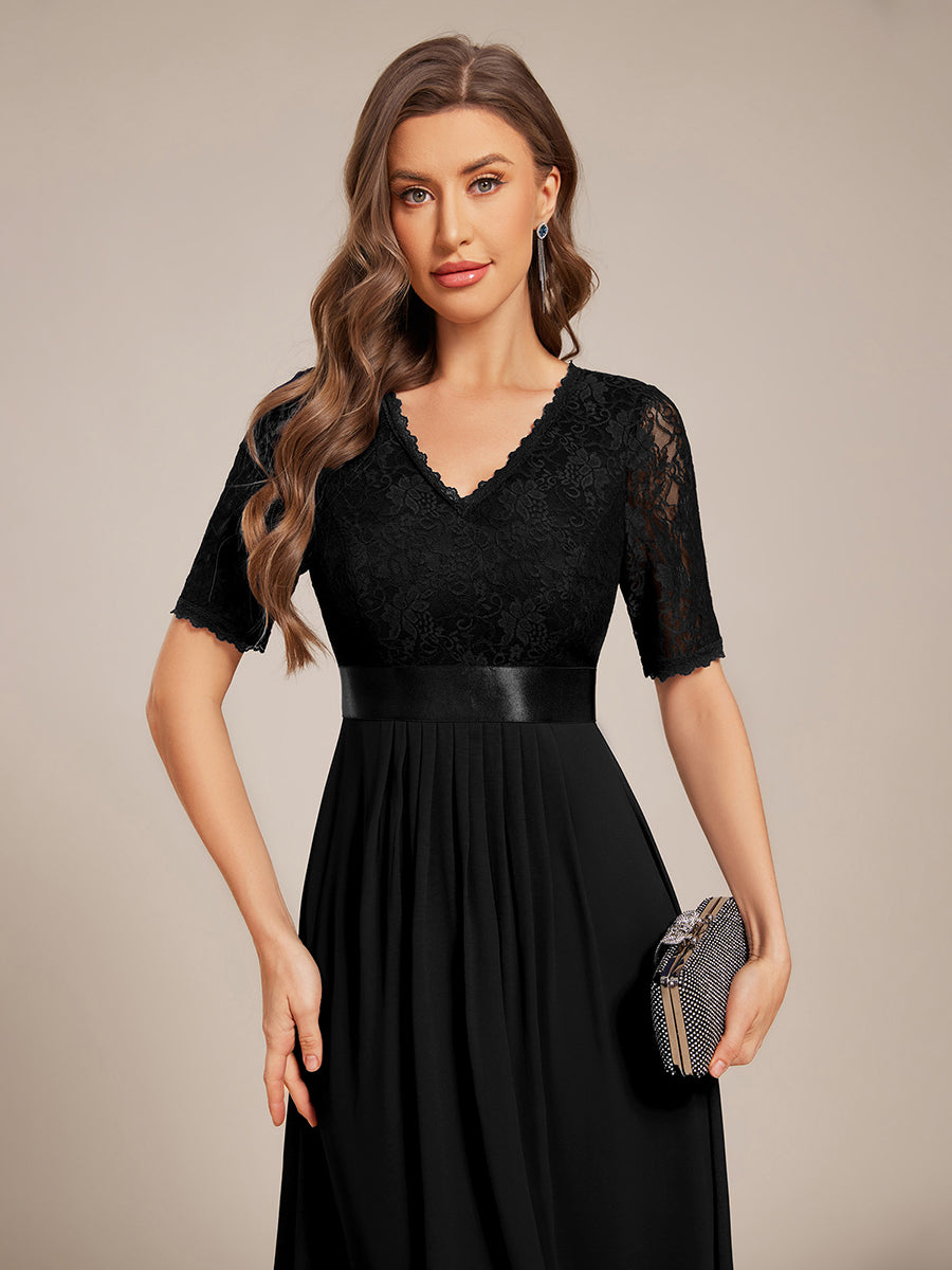 Half Sleeve V Neck Midi Wedding Guest Dress With Lace #color_Black