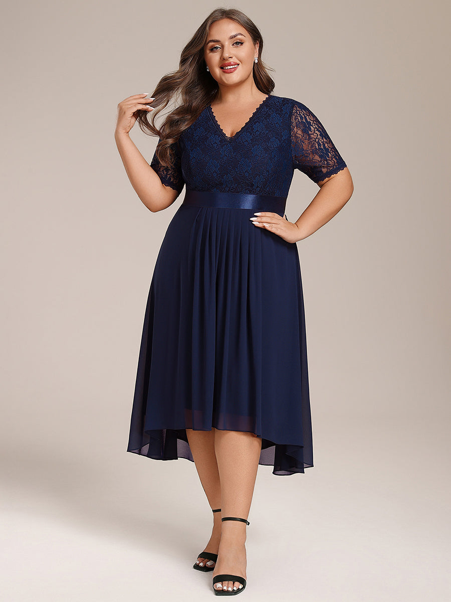 Half Sleeve V Neck Midi Wedding Guest Dress With Lace #color_Navy Blue